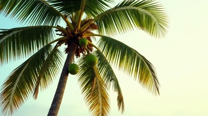 Obraz premium Low-angle view of a palm tree with green coconuts hanging from its trunk against a soft, bright sky.