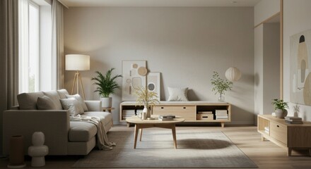 Fototapeta premium Cozy modern living room with natural tones