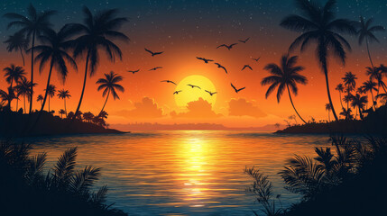 Obraz premium Tropical sunset scene water reflection with palm trees and birds in flight