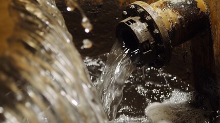 Dirty water is flowing out of dilapidated water pipes, presenting a scene of water pipe damage and poor water quality. The murky and polluted water gushes out from the worn - out pipes, indicating pot