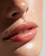 Fototapeta premium Close-up of a young woman gently biting her lip. Moist, healthy lips with a sensual expression.