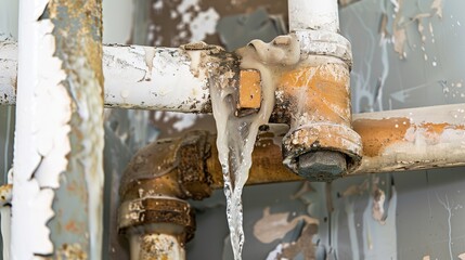 Dirty water is flowing out of dilapidated water pipes, presenting a scene of water pipe damage and poor water quality. The murky and polluted water gushes out from the worn - out pipes, indicating pot