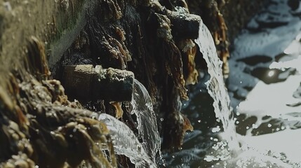 Dirty water is flowing out of dilapidated water pipes, presenting a scene of water pipe damage and poor water quality. The murky and polluted water gushes out from the worn - out pipes, indicating pot