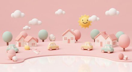 Cute Minimalist 3D Render of a Pastel Pink Suburban Neighborhood with Houses, Cars, and Clouds