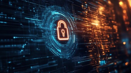 Obraz premium Abstract digital security concept with a glowing padlock against circuit board pattern