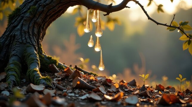 Golden Resin Droplets Hanging from Ancient Tree Branch, Cascading onto Autumnal Forest Floor - Powered by Adobe