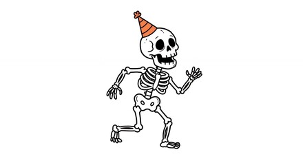 Running skeleton with party hat cartoon illustration