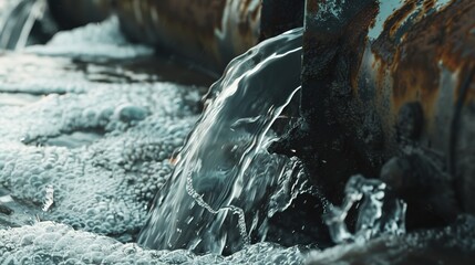 Dirty water is flowing out of dilapidated water pipes, presenting a scene of water pipe damage and poor water quality. The murky and polluted water gushes out from the worn - out pipes, indicating pot