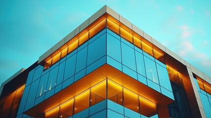 Modern glass office building corner lit by warm lights