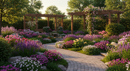 Obraz premium A picturesque garden pathway surrounded by vibrant flowers and wooden pergolas