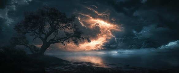 Dramatic, lonely tree during a stormy sunset over water.