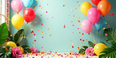 A vibrant celebration scene with colorful balloons and confetti, surrounded by lush tropical leaves and flowers, creating a festive and joyful atmosphere for a birthday or special event.