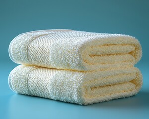 Soft yellow towels neatly stacked on a blue background, ideal for home decor or spa use