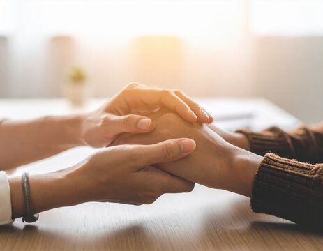 Warm sunlit close-up of compassionate hands holding each other across wooden table, symbolizing support, connection, and emotional comfort.