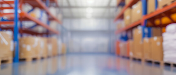 Blurred view of a warehouse interior with shelves and cardboard boxes. premium warehouse photos with high quality for company background