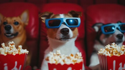 Dogs in 3D glasses enjoying popcorn at a movie theater.