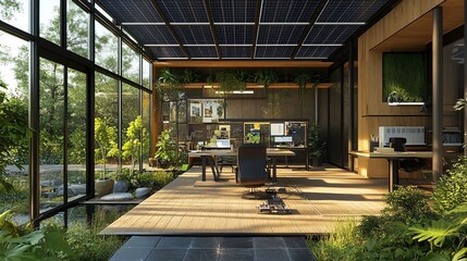 Fototapeta premium Modern Office Space with Solar Panels and Lush Indoor Plants in a Natural Light Setting