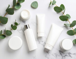 Elegant flat lay of white skincare products and green eucalyptus leaves on a marble surface, conveying natural beauty and wellness.