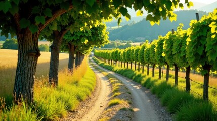 Naklejka premium Serene country lane flanked by verdant trees and vibrant foliage under a warm sunlit sky