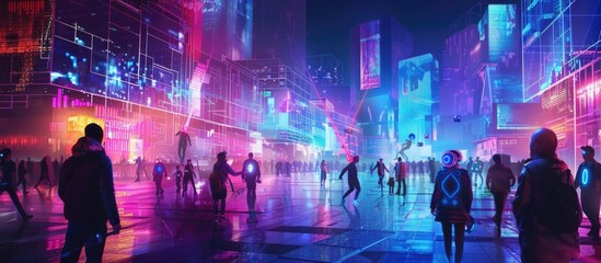 A vibrant city square where humans and AI engage in social activities, with AI musicians and artists creating live digital art, symbolizing creative harmony. AIG60