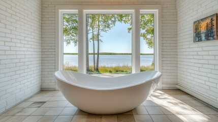Fototapeta premium Luxurious bathroom with lake views and white brick walls.