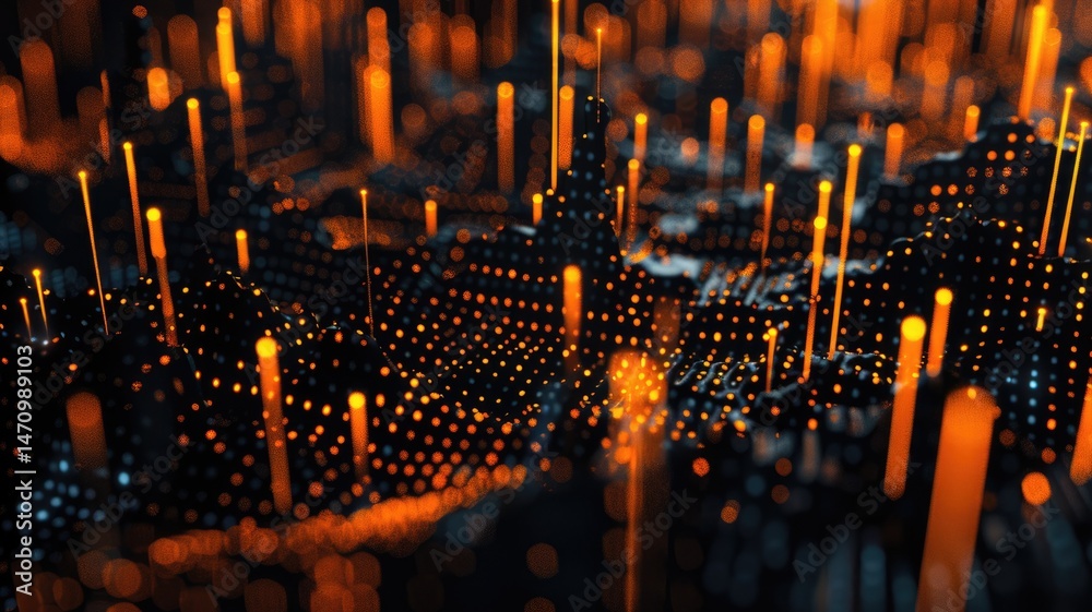 Poster abstract visualization of glowing dots and lines on a dark background. digital artwork of glowing vi