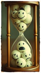 Dual Emotions: Happy and Sad Faces in Glass and Gold Hourglass
Concept: Emotions, contrast, inevitability