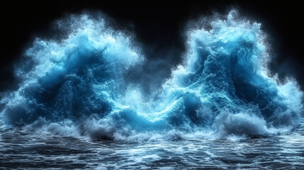 Powerful blue waves at night