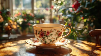 Floral teacup and saucer in sunlight