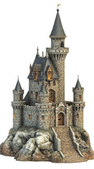 Fototapeta premium A stunning castle surrounded by rocky terrain and illuminated windows. transparent background