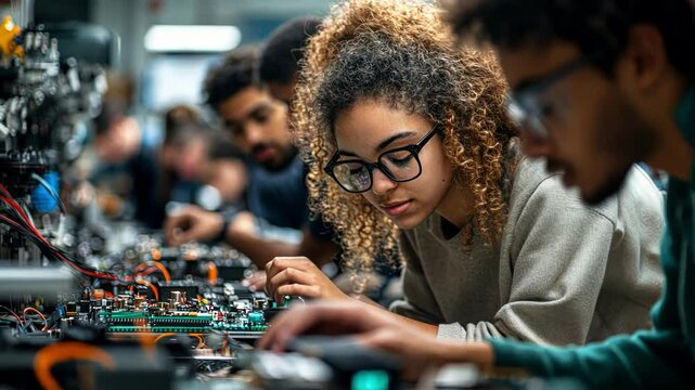 Focused students collaborate on a complex circuit board project.