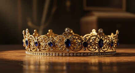 Obraz premium Dramatic Product Shot of Golden Royal Crown with Blue Gemstones on a Wooden Surface