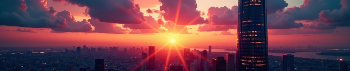 Dramatic view of a skyscraper with illuminated glass windows during sunset, cityscape, glass facade, cityscape