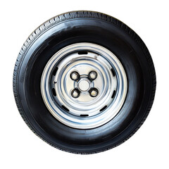 Close-up of a silver car wheel with black tire for automotive use. transparent background