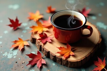 Aromatic autumn beverage in rustic cup, surrounded by vibrant fall foliage on a natural wood slice
