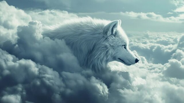 Majestic white wolf emerging from clouds, serene fantasy scene