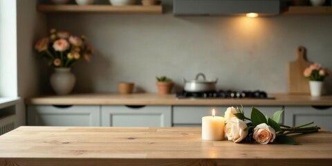 Serene kitchen table setting with a lit candle and a delicate bouquet of roses, creating a peaceful and calming ambiance.