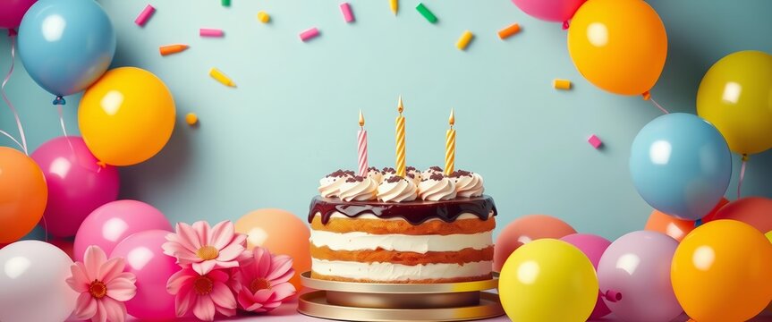 Elegant birthday photo frame template featuring vibrant balloons and a delicious cake, balloons, graphic