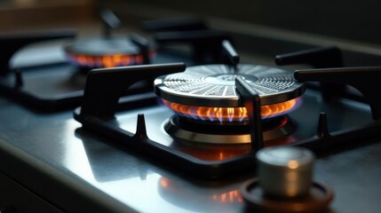 Close-up view of a modern kitchen gas stovetop burner with vibrant blue and orange flames illuminating the metallic surface.