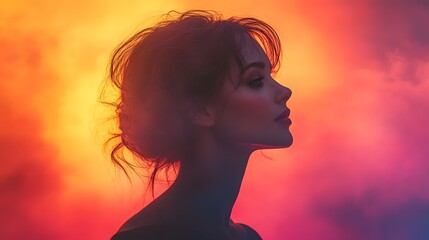 Silhouette of woman, vibrant sunset colors