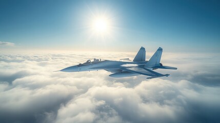 Fototapeta premium Fighter Jet Above Clouds in Sunny Sky
