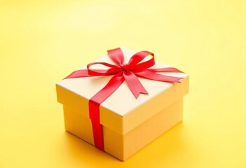 Elegant cardboard gift box with red ribbon, pastel yellow background, wrap, kraft