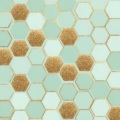 A pattern of hexagons with gold glitter on it