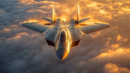 Fighter Jet Flying Above Clouds with Golden Light