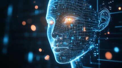 Abstract Digital Representation of a Human Head with Glowing Points and Lines