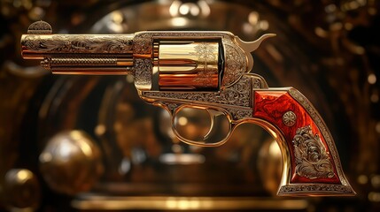 Ornate gold revolver, intricate carvings, detailed design