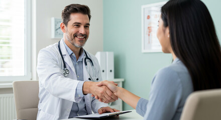 Fototapeta premium Doctor shaking hands with patient after successful consultation in clinic
