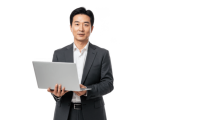 Asian Businessman Holding Laptop – Corporate Success, Technology, and Professional Concept – Confident Man in Business Suit Using Laptop with Transparent PNG Background for Business or Tech Use