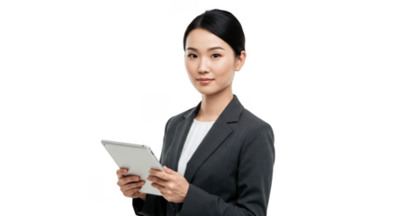 asian woman with a tablet isolated on transparent png background
