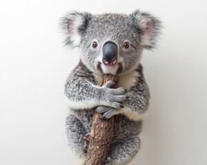 Naklejka premium Playful koala holding a branch, set against a neutral background, showcasing its cuteness